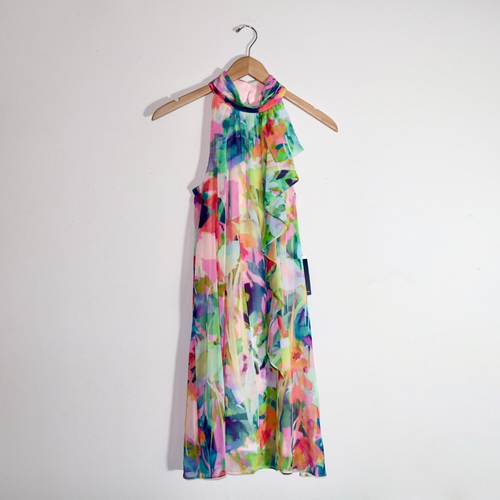 Adrianna Papell Floral Ruffle Chiffon Halter Trapeze Dress In Pink Multi - Picture 3 of 12